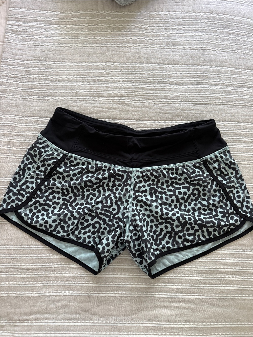 lululemon athletica Mint Leopard Print Running Shorts with Black Waistband